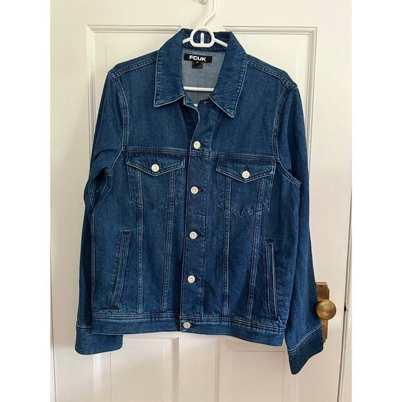 NEW FCUK Women's S Jean Jacket Rude Bear Oversized Denim Dark Wash White Graphic - Picture 1 of 15
